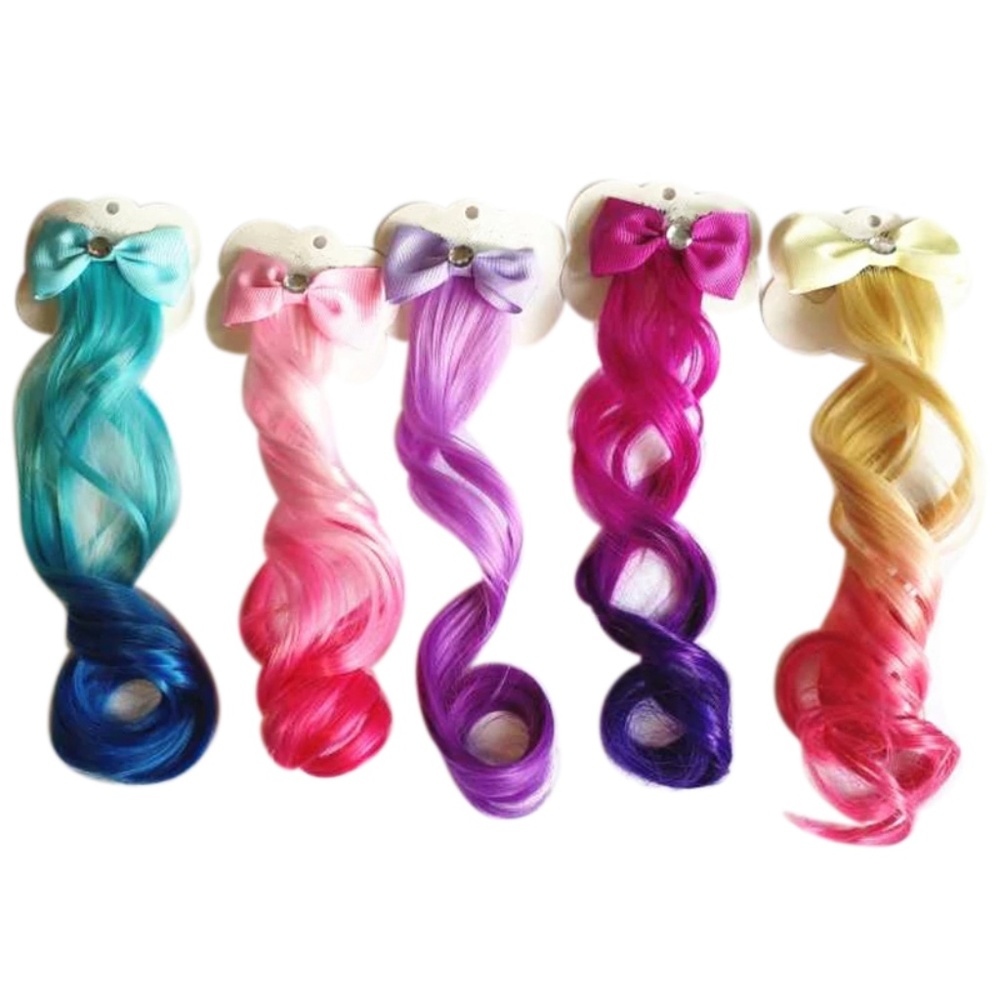 Girl Faux Hairpiece Bow Clip Blue Pink Purple 12"